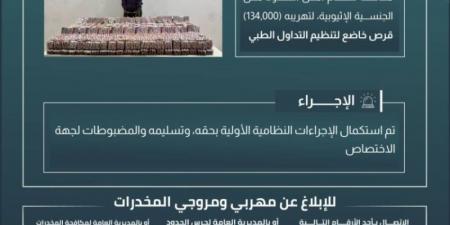 حرس الحدود بجازان يقبض على مخالف لنظام أمن الحدود لتهريبه 134.000 قرص خاضع لتنظيم التداول الطبي